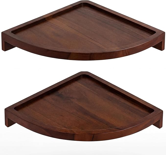 Demigo Floating Round Corner Shelves for Wall 2pcs, Acacia Wood Wall-Mounted Storage Shelves for Home Decor, Space Saving Displays for Living Room, Kitchen, Office, and Bedroom (Dark Brown)