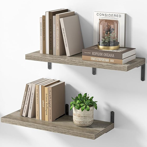 Marsmiles Extra Wide Floating Shelves for Wall, 24x8 Inch Natural Wood Grain Bookshelves, Heavy Duty Mounted Shelving for Bathroom, Kitchen, Living Room, Bedroom,Set of 2，Grey