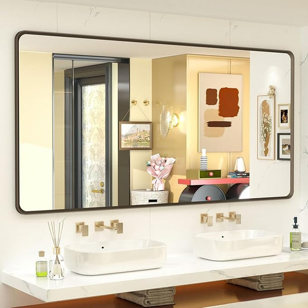 OKPAL 55x30 Bronze Bathroom Vanity Mirror for Wall, Large Bronze Brushed Metal Framed Mirror, Rounded Rectangle Bathroom Mirror, Shatterproof, Anti-Rust (Horizontal/Vertical)
