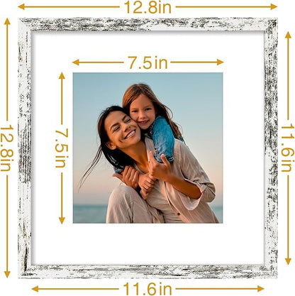 Vittanly 12x12 Picture Frames Set of 4, Display Pictures 8x8 with Mat or 12x12 without Mat, Gallery Frame for Wall Display, Engineered Wood with Shatter Resistant Plexiglass, Distressed White