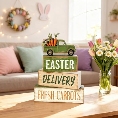 Easter Decorations - Easter Truck Tiered Tray Decor Set - Wooden Farm Fresh Carrots Tabletop Decoration - Rustic Farmhouse Spring Home Decor Indoor for Tiered Tray Shelf Mantel Coffee Table Gift - Spring Home Decor for Living Room, Kitchen Counter