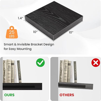 Square Floating Shelves for Wall, 10" W x 10" D x 1.4" H, Small Wooden Wall Mounted Display Shelves with Invisible Brackets for Living Room, Bedroom, Bathroom, Kitchen Decor, Set of 4, Black