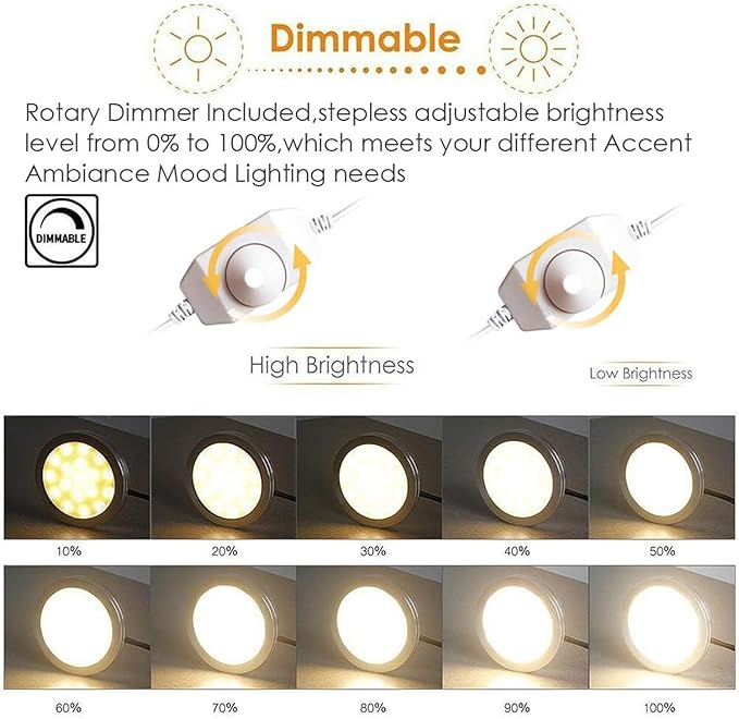 Cefrank Led Dimmable Puck Lights,Set of 6 Warm White Under Cabinet Lighting Kit w/Rotary Dimmer Switch, Total of 12W, LED Counter Light Above/in/Under Kitchen Closet Bookcase, Shelf
