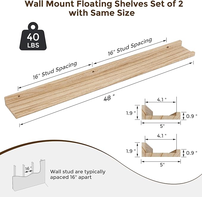 RICHFOCUS Floating Shelves for Wall, 48 inch Solid Wood Picture Ledge Shelf for Wall Storage, Nursery Book Shelves with Lip for Living Room Bathroom Bedroom Kitchen, Set of 2, Carbonized Black