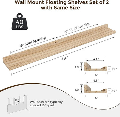 RICHFOCUS Floating Shelves for Wall, 48 inch Solid Wood Picture Ledge Shelf for Wall Storage, Nursery Book Shelves with Lip for Living Room Bathroom Bedroom Kitchen, Set of 2, Carbonized Black