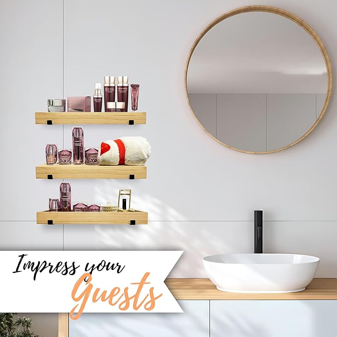 Autumn Alley Natural Wood Floating Wood Shelves for Wall – 3-Tier Wood Wall Shelves, Floating Wooden Shelf Set for Nursery, Bathroom, Kitchen, or Living Room – Use as Tray or Shelf