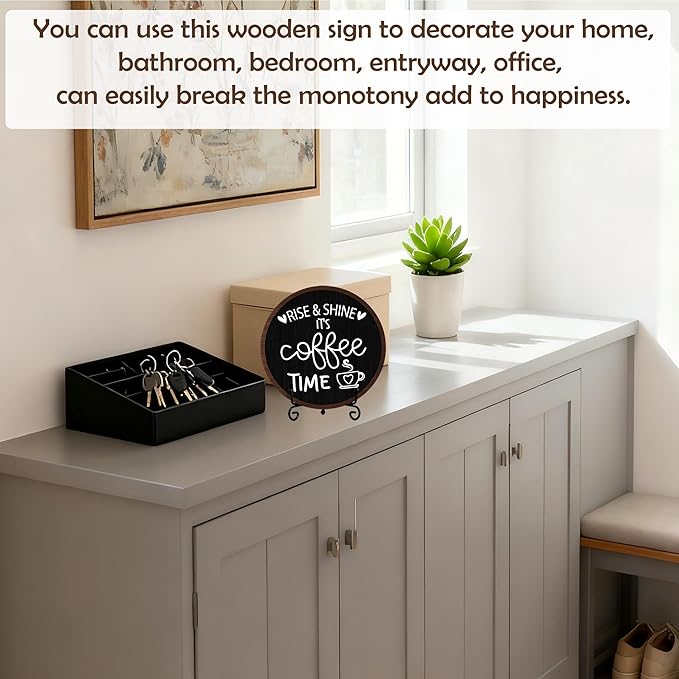 Coffee Desk Decor Sign, Farmhouse Wood Plaque, It Is Coffee Time Wood Sign, Cafe Lover Gifts, Decor For Home Kitchen Tabletop, Wooden Round Decorations With Stand-03