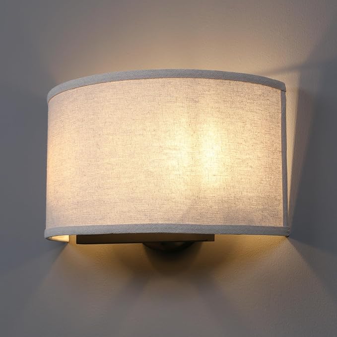 2-Light Linen Fabric Boho Hallway Wall Sconce Indoor Light Fixture, Dual Vintage Industrial Hardwired Half Moon Wall Lighting Semicircle Textile Shade for Bedroom Living Room Corridor Study