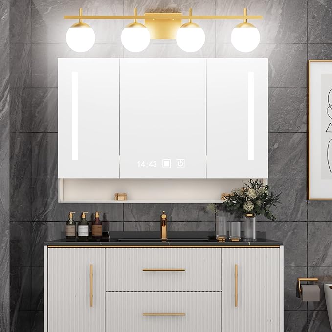 Ralbay Mid Century Gold Bathroom Vanity Lights 4-Light Gold Milky Glass Modern Bathroom Lighting Fixtures Over Mirror, Gold 4-Light (Exclude Bulb)
