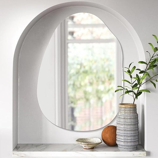 Irregular Frameless Bathroom Mirror,22 x 30 Inch Asymmetrical Wall Mirror with Wood Frame,Vanity Modern Tempered Glass Mirror for Bedroom,Entryway,Living Room