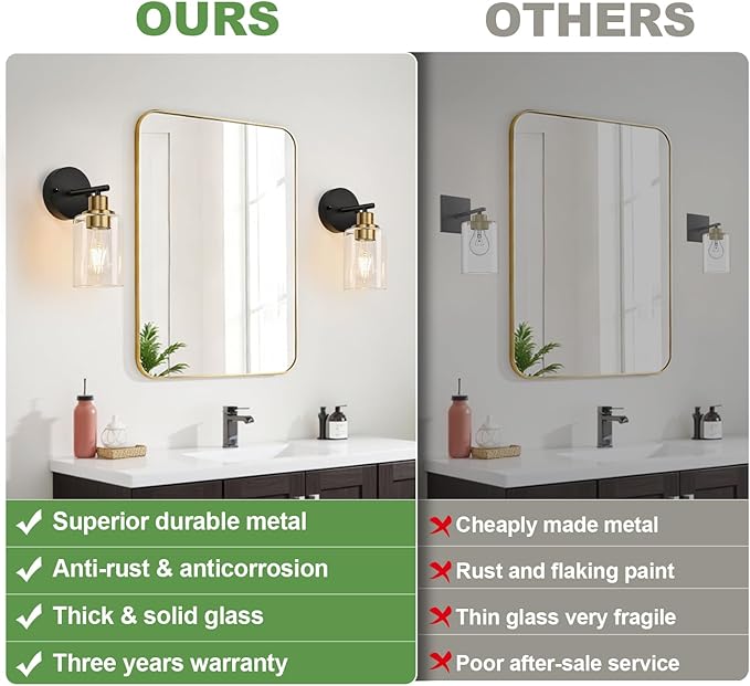 Set of 2 Wall Sconces for Bathroom, Black and Gold Modern Vanity Lights with Clear Glass Shade,Bathroom Wall Lamp for Mirror Kitchen Living Room Hallway Cabinet Porch
