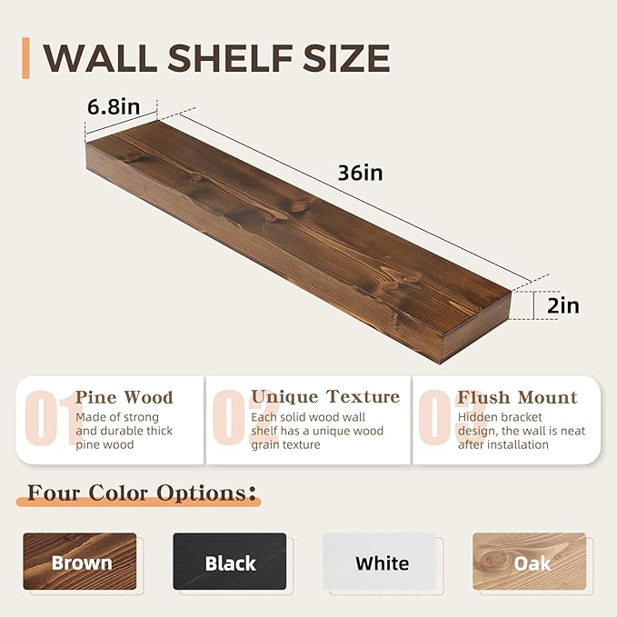 36x6.8x2 Inch Rustic Floating Shelves for Wall Set of 2 - Brown Solid Wood Wall Mounted Shelves with Invisible Bracket, Extended Design for Farmhouse Living Room Bedroom Kitchen Decor
