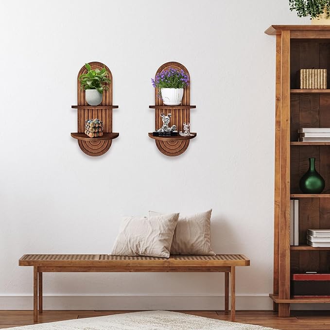 2 Pieces Boho Wall Shelf, Mid Century Shelves, Double Shelves, Decorative Bohemian Rainbow Hanging Shelves for Bathroom, Bedroom, Kitchen, Living Room, Laundry Room (Coffee Color)