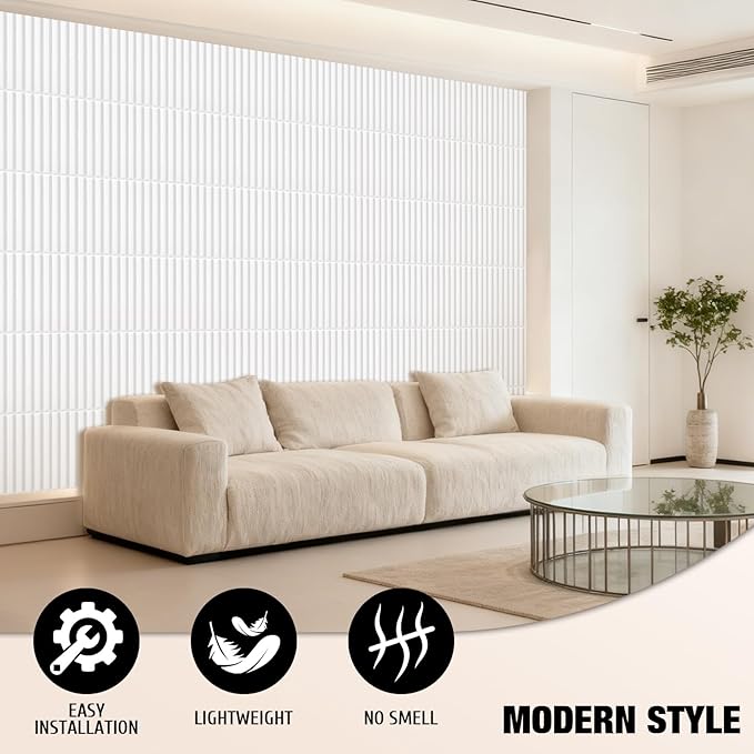 Qidejoy 33 Pcs 3D PVC Slat Wall Panels 12X12in Fluted Textured Paneling Modern Decorative Tiles Cuttable Paintable DIY Wall Art for Interior Décor, Bedroom, Ceiling, TV Background, Bathroom (White)
