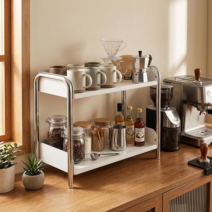 MOZIMABOX Cabinet Organizer Shelf, 2 Tier Kitchen Spice Rack Countertop Shelf Organizer, Stainless Steel Kitchen Storage Countertop Storage Shelf Container, (L, White)