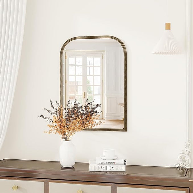 Axeman 22x30 Rounded Rectangular Wall Mirror, Decorative Bathroom Mirror, Traditional Vintage Wall Mounted Mirror with Beaded Frame for Accent Living Room Vanity Bedroom Entryway, Bronze