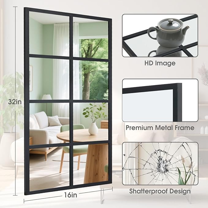 DUMOS Window Pane Mirror Set of 2, 16x32 Inch Rectangle Decorative Wall Mirrors, Black Metal Framed Grid Mirror for Bathroom, Bedroom, Living Room, Entryway, Easy to Install