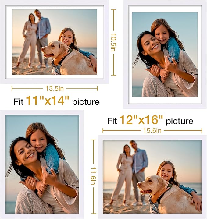 Vittanly 12x16 Picture Frames Set of 4, Display Pictures 11x14 with Mat or 12x16 without Mat, Gallery Frame for Wall Display, Engineered Wood with Shatter Resistant Plexiglass, White