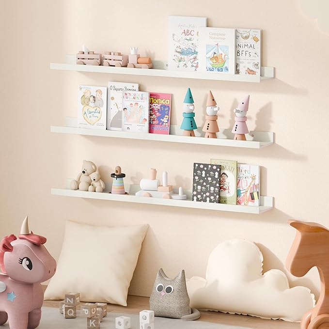 upsimples Floating Shelves for Wall, 35.5 Inch Shelves for Decor Storage Set of 6, Wall Mounted Wood Shelf for Bedroom, Living Room, Bathroom, Kitchen, Long Picture Ledge Shelves, White