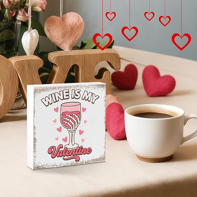 Valentines Coffee Desk Decor, Valentine's Day Gifts for Drink Lover Bar Station, Wine Is My Valentine Home Office Table Sign for Kitchen Shelf Tiered Tray, Cafe Tabletop Decoration to Couples