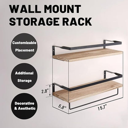 Elevon Floating Shelves for Bathroom Organizer Over Toilet, Bathroom Shelves Wall Mounted with Towel Rack, Corner Wall Shelf for Bedroom Decor Kitchen Storage (Brown, Set of 2)