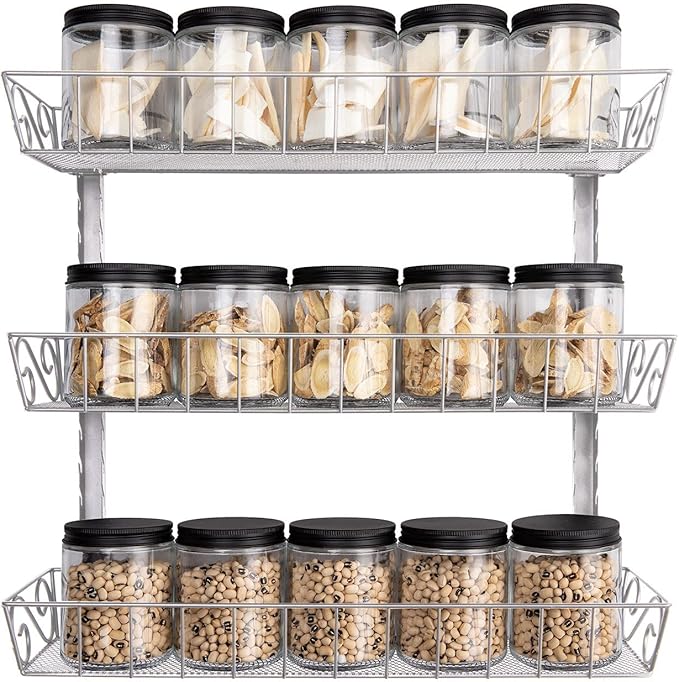 SWOMMOLY Adjustable Wall Mount Spice Rack, 3-Tier Dual-use (Multi-use) Organizer, Silver