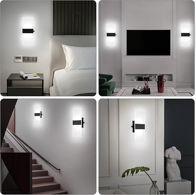 Lightess Modern Wall Sconce with Switch, Indoor Wall Light Dimmable, 12W Black Acrylic Wall Mounted Light Fixtures for Hallway Stairway Bedroom, Cool White, 1 Pack