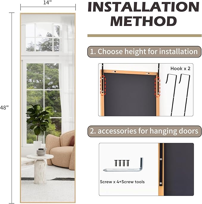 Full Length Door Mirror 14x48, Metal Frame with Protective Film, No-Drilling Hanging or Wall Mount (Horizontal/Vertical), Hooks & Hardware Included, Full Body Mirror for Bedroom, Dorm, Gold