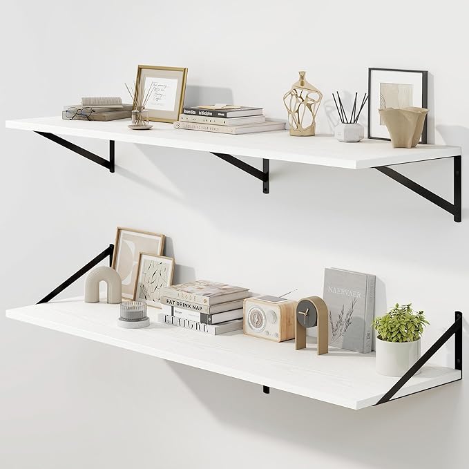 Fun Memories Floating Shelves for Wall, 12 Inch Deep Floating Shelves Set of 2, 48W x 12D Large Wall Shelf with Sturdy Metal Brackets for Living Room, Bathroom, Bedroom and Kitchen, White