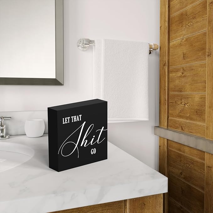 Funny Bathroom Decor Wood Box Sign, Black Farmhouse Toilet Sign with Humor, Restroom Shelf Decor for Guest Bath, Tabletop Countertop