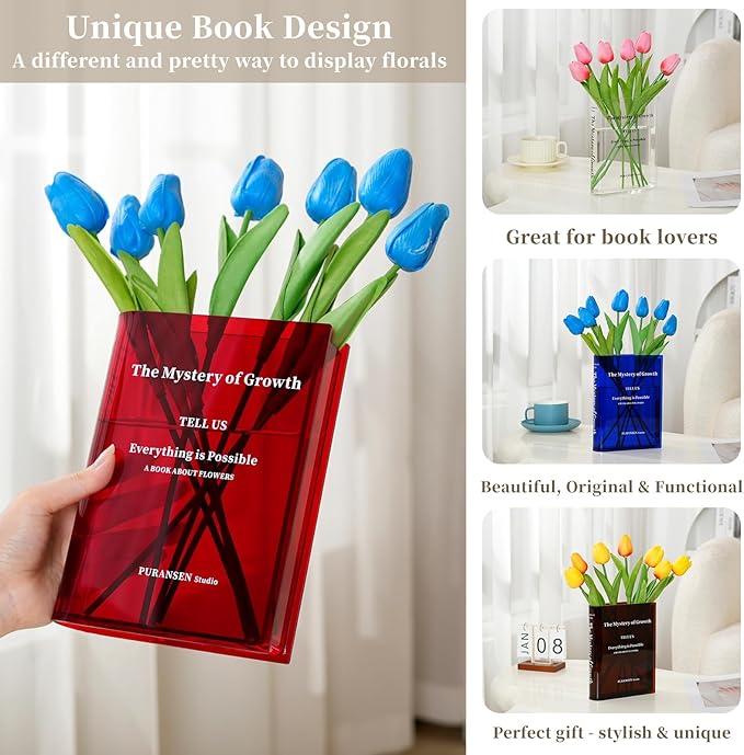 Puransen Red Book-Shaped Vase for Flowers - Aesthetic Room Decor for Modern Home/Office, Minimalist Shelf Organizer with Floral Display, for Book Lovers & Interior Design Enthusiasts
