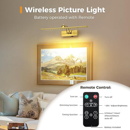 JOOSENLUX Battery Operated Picture Light - Wireless Art Display Light with Dimmer, Timer Off and Swing Arm, 5000mAh Rechargeable Battery, 16-Inch Brass Wireless Wall Sconce