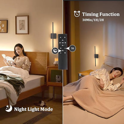 Battery Operated Wall Sconce Set of 2, 10400mAh Rechargeable Wall Lights, 3000K-6000K Dimmable, 350°Rotate, Indoor Wall Sconces with Remote for Bedroom Living Room Bathroom, Black, 31.5 Inch