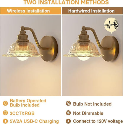 Redluck Battery Operated Wall Sconce with Remote Control, Vintage Amber Glass Wireless Wall sconces Set of Two, Rechargeable Battery Powered Wall Lamp for Bedside Bedroom Living Room Hallway Decor