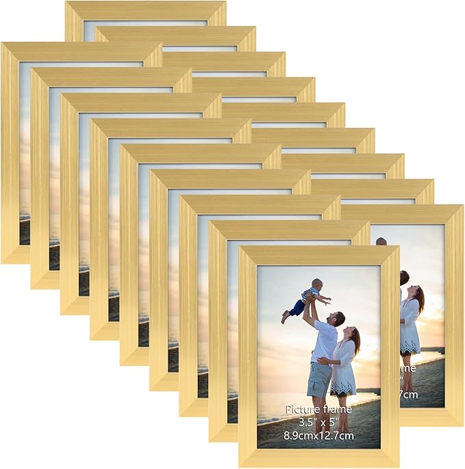 Hoikwo 18 Packs 3.5x5 Gold Multi Plastic Picture Frames Set with Plastic Cover for Family Photos, Artwork, Light Weight Bulk 3.5 by 5 Frames Pack for Wall Hanging and Table, Stylish Picture Frames