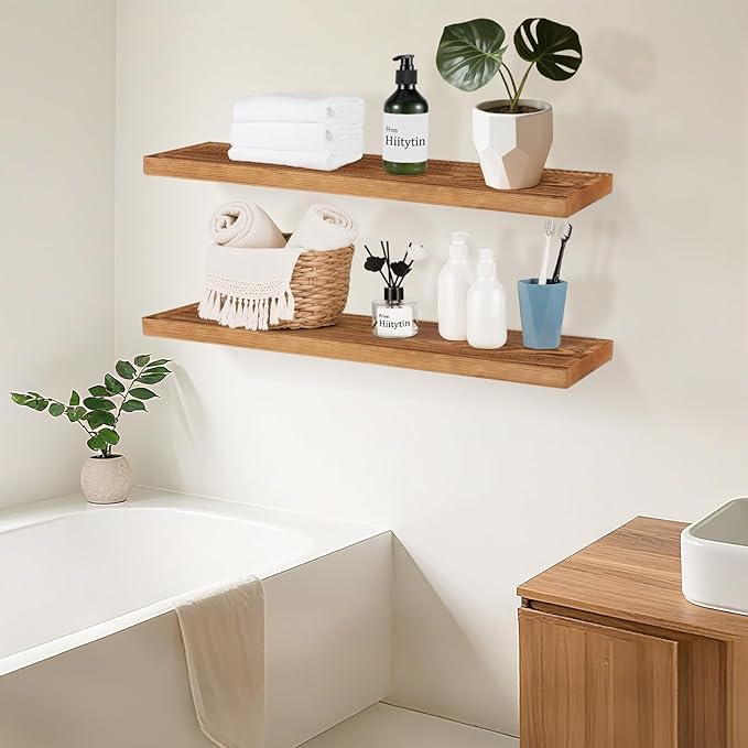 Solid Wood Floating Shelves Bathroom 36 inch Rustic Wall Wood Display Shelves with Grooves Set of 2 Home Decor for Living Room Bedroom Kitchen Farmhouse 36x6.7 inch - Brown