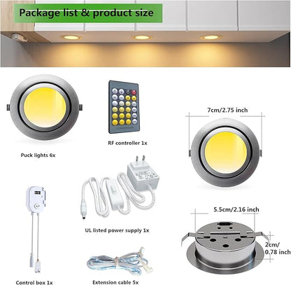 Smart Puck Lights LED Under Cabinet Lighting 2700k-6500k Dimmable Works with Alexa,Google Home,APP & Remote,12V,2W/pc,Recessed Kitchen Lamp Plug In for Counter,Display Shelf,2.5Inch Cutout,6pcs,Sliver