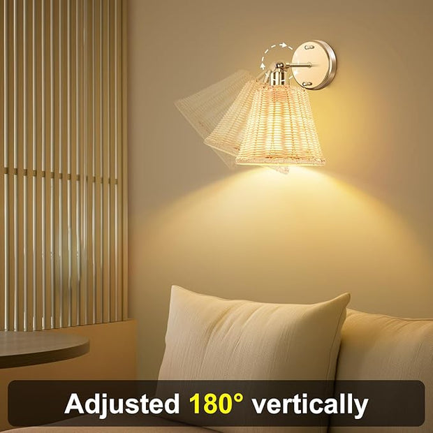 Frideko Rattan Rechargeable Battery Operated Wall Sconces Set of Two with Remote, 3 Colors Dimmable Wireless Wall Light, 5200mAh Indoor Wall Lamp with 4 Timer, Boho Sconces Wall Lighting for Bedroom