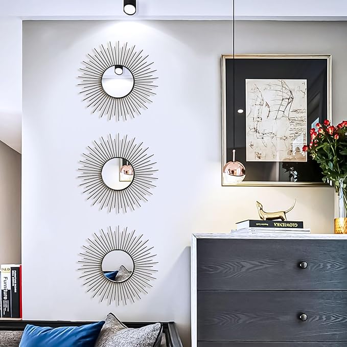 3 Pack Metal Mirrors for Wall Sunburst Wall Mirrors Home Décor Decorative Hanging Wall Art for Living Room Bedroom Entryway (Black2, Sunburst)