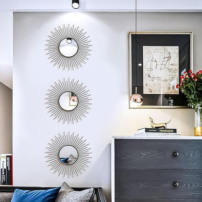 3 Pack Metal Mirrors for Wall Sunburst Wall Mirrors Home Décor Decorative Hanging Wall Art for Living Room Bedroom Entryway (Black2, Sunburst)