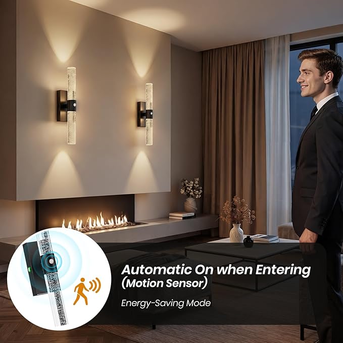 Motion Sensor Wall Sconces Battery Operated, Rechargeable Wall Sconce, 3CCT Battery Wall Sconce, 12000mAh Dimmable with Remote for Bedroom, Living room, Hallway Decor (15.3 inch – Black - 1 Pack)
