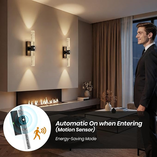Motion Sensor Wall Sconces Battery Operated, Rechargeable Wall Sconce, 3CCT Battery Wall Sconce, 12000mAh Dimmable with Remote for Bedroom, Living room, Hallway Decor (15.3 inch – Black - 1 Pack)