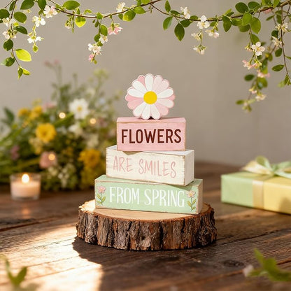 Spring Decoration Wooden Tiered Tray Decor – Daisy Flower Spring Stacked Block Sign – Farmhouse Tabletop Floral Spring Decor for Shelf Mantel Seasonal Home Display