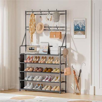 OYREL Shoe Rack 5 Tier Shoe Racks Organizer 20-25 Pairs Shoes Rack for Closet Entrance Shoe Storage Organizer with Hooks and Side Pocket Entryway Shoe Holder Space Saving Free Standing Shoe Racks