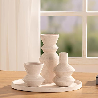 Ceramic Vase Home Table Decor - White Flower Vase Set of 3 Living Room Kitchen Decorations Farmhouse Modern Rustic Vases Decorative Centerpiece for Shelf Bedroom Office Bathroom Dining Coffee Desk