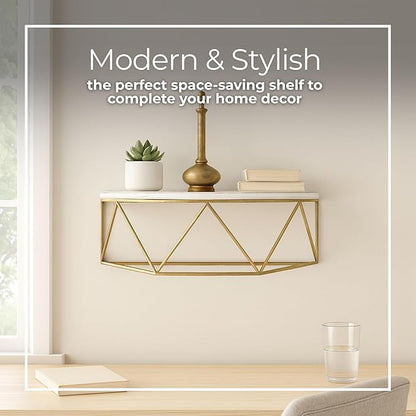 Wall Shelf Decor– Wood and Metal Half-Moon Design with Glam Style for Living Room, Bedroom or Entryway – Home Decor Accent Shelf for Displaying Plants, Photos or Essentials – 16", White