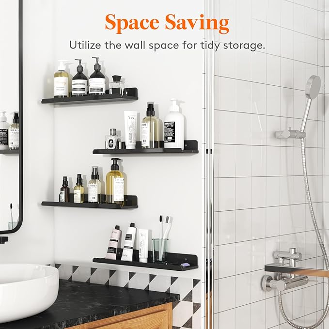Lifewit Floating Shelves for Bathroom, 15" Clear Wall Organizer for Makeup, Perfume, Figures, Photo, Decor Shelf for Nursery, Living Room, Bedroom, Kitchen, Over Toilet Storage Rack, Black, 8 Pack