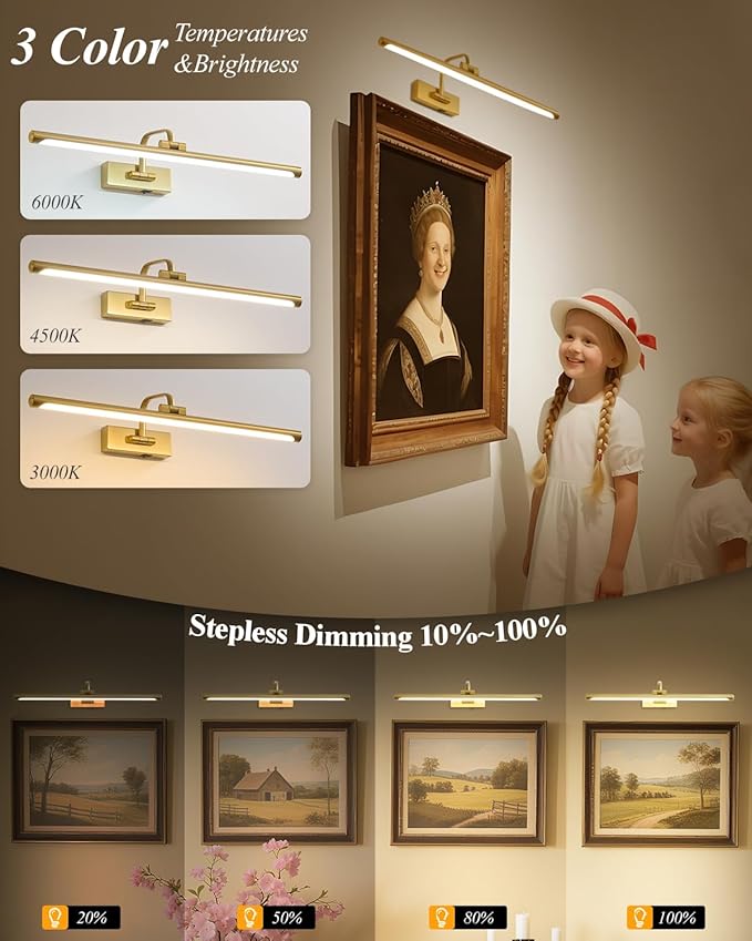 Picture Lights for Wall Battery Operated, Rechargeable Light for Pictures with Remote & Timer, Gold Art Light for Paintings 24 Inch Wireless Dimmable Cordless Gallery Frame Lights with 3CCT