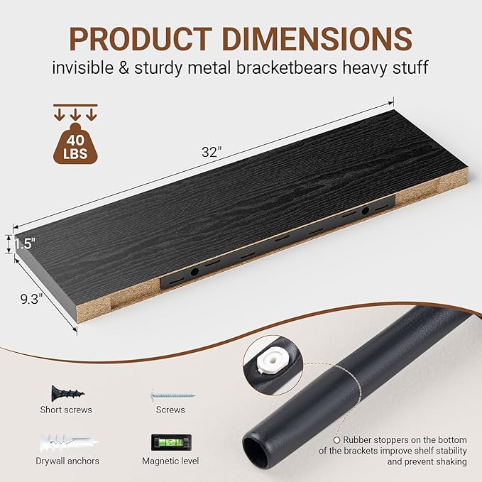 Heimlove 32 Inch Floating Shelves for Wall,Black 9.3
