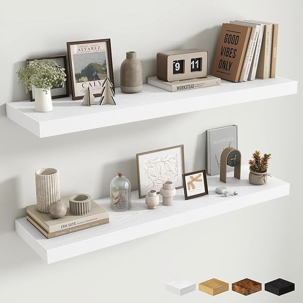 Fun Memories Floating Shelves Set of 2, 40 Inch Long Wooden Wall Shelves, 10 Inch Deep Wall Mounted Storage Shelf with Metal Brackets for Living Room, Bathroom, Bedroom and Kitchen, White
